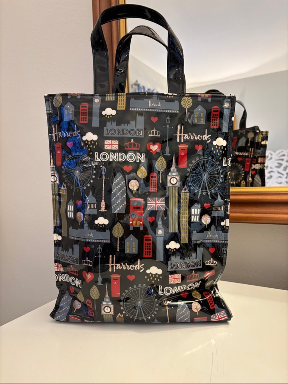 Harrods Black Gloss London Print Tote Bag